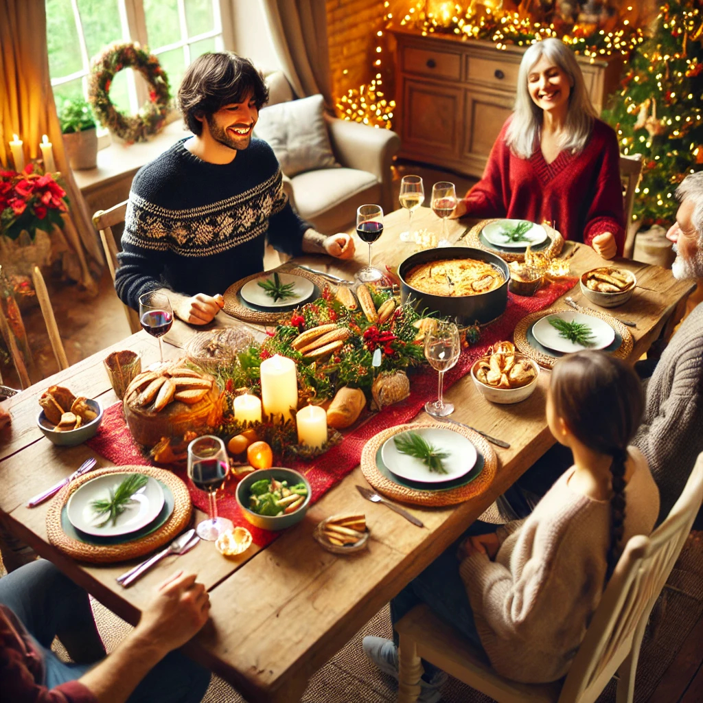 une famille réunie pour Noël autour d’un repas de fêtes avec des aliments sains